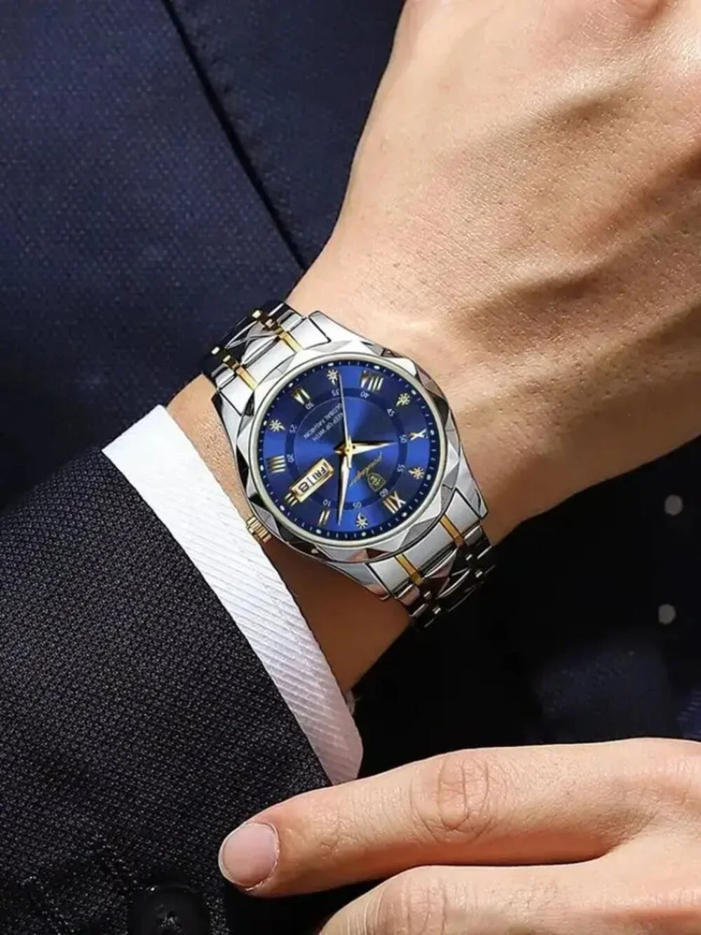 POEDAGAR Luxury Men's Watch - Two-Tone Stainless Steel with Day-Date